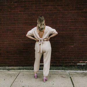 Unique open back cream jumpsuit jumper